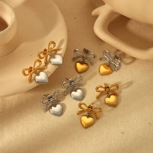 1 Pair Simple Sweet Style Bow Knot Heart Shape Stainless Steel  Gold Color Women's Drop Earrings h5 